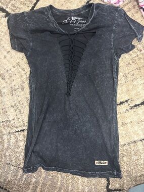 Affliction Women's Black Washed Lace-Up V-Neck Tee